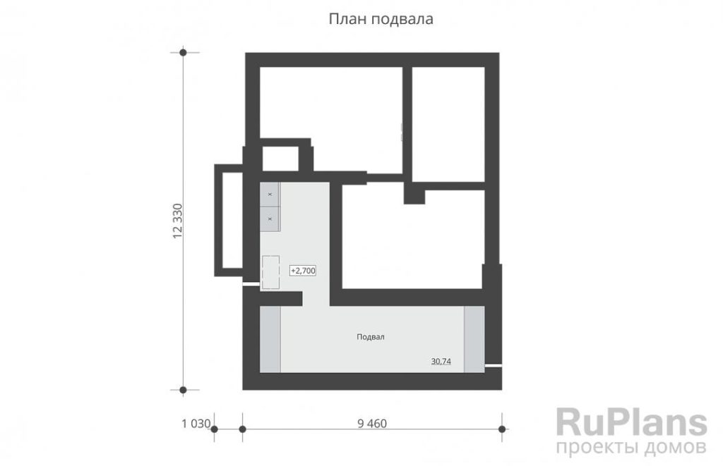 Планировка Одноэтажный дом с подвалом, террасой и двумя спальнями Rg6314