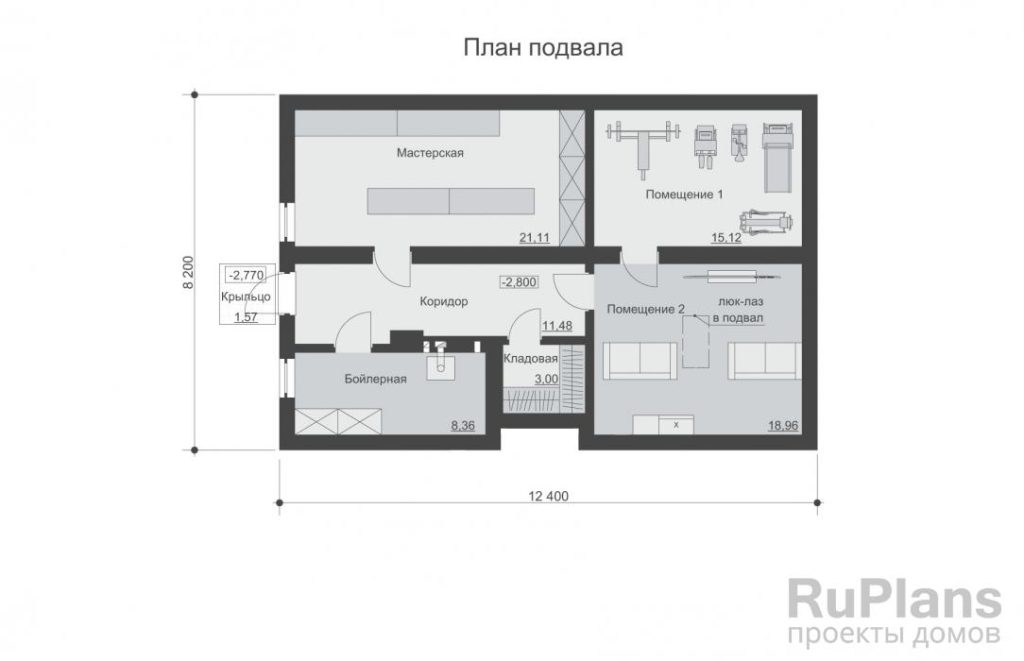 Планировка Одноэтажный дом с цокольным этажом и тремя спальнями Rg6371
