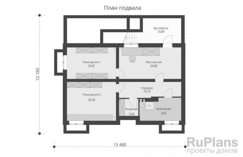 Планировка Одноэтажный дом с подвалом и террасой Rg5727