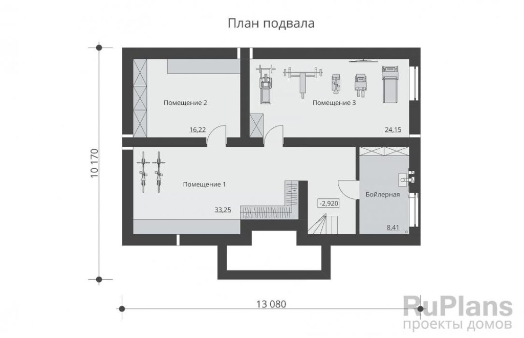 Планировка Одноэтажный дом с подвалом и тремя спальнями Rg6500