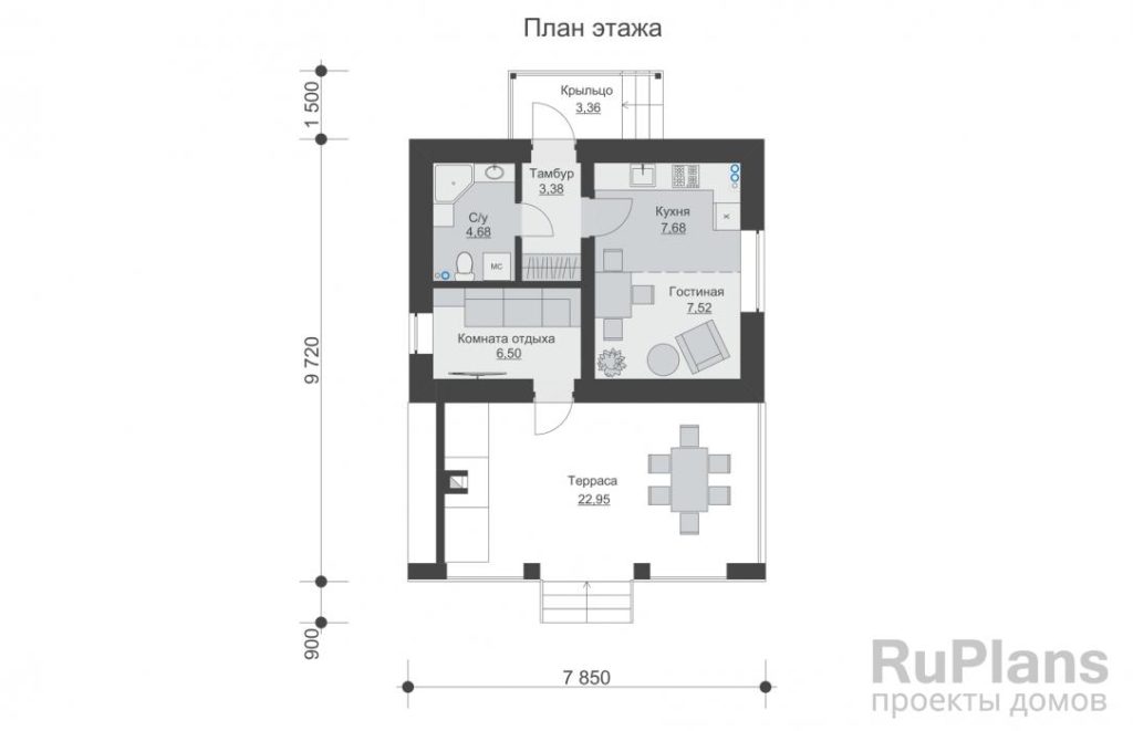 Планировка Одноэтажный дом с таррасой и уличной печью-камином Rg6101