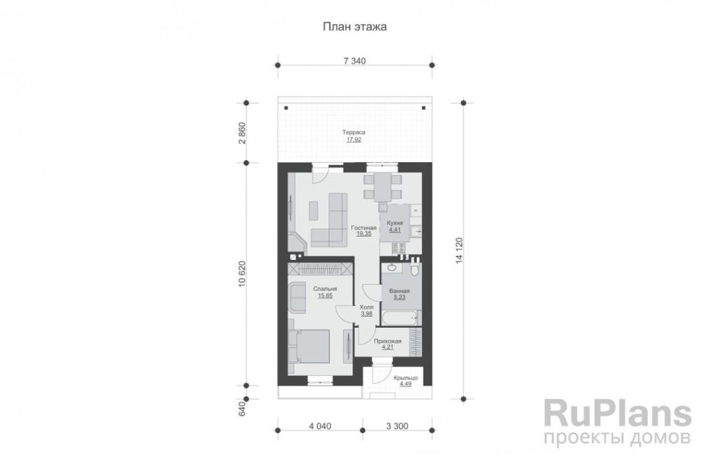 Планировка Эскизный проект одноэтажного гостевого дома облицованного камнем и штукатуркой с террасой Rg3972