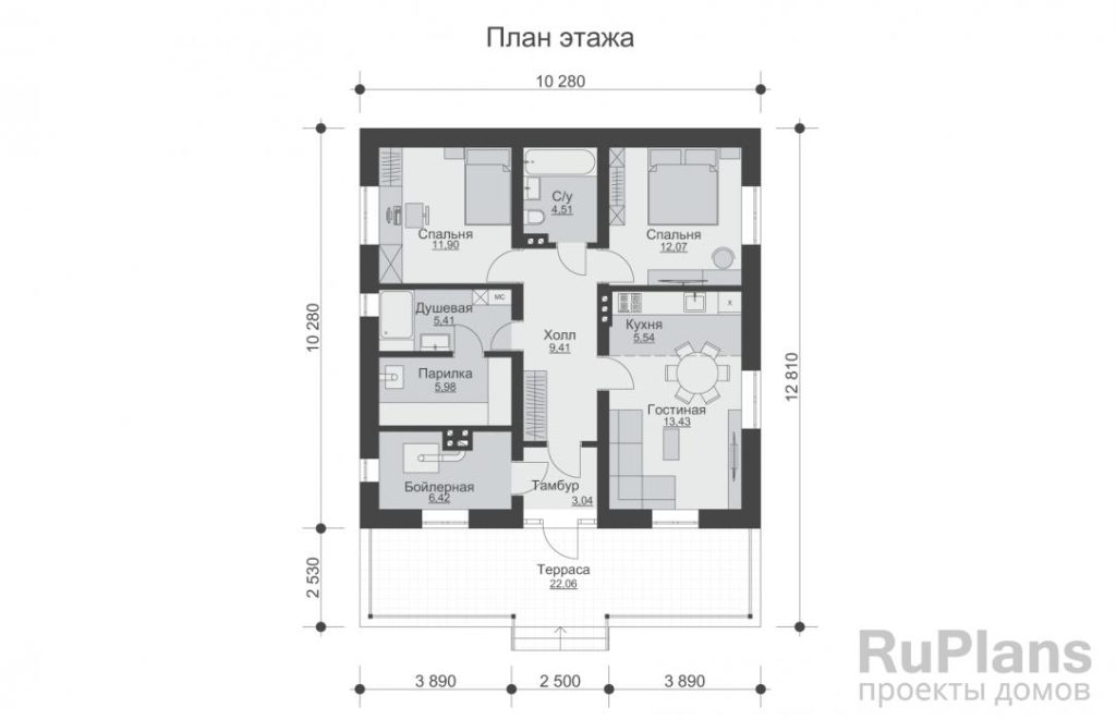 Планировка Одноэтажный дом с отделкой сайдингом, террасой, 2 cпальнями и парилкой Rg6034