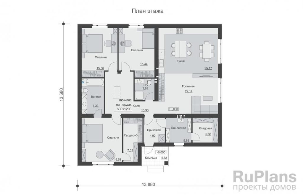 Планировка Одноэтажный дом с тремя спальнями и отделкой сайдингом Rg6587