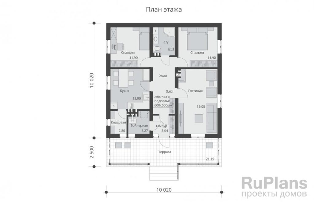 Планировка Одноэтажный дом с двумя спальнями, террасой и камином Rg6020