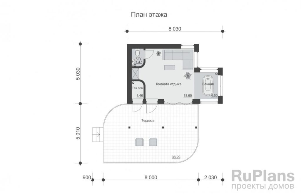 Планировка Одноэтажный гостевой дом с террасой Rg5864