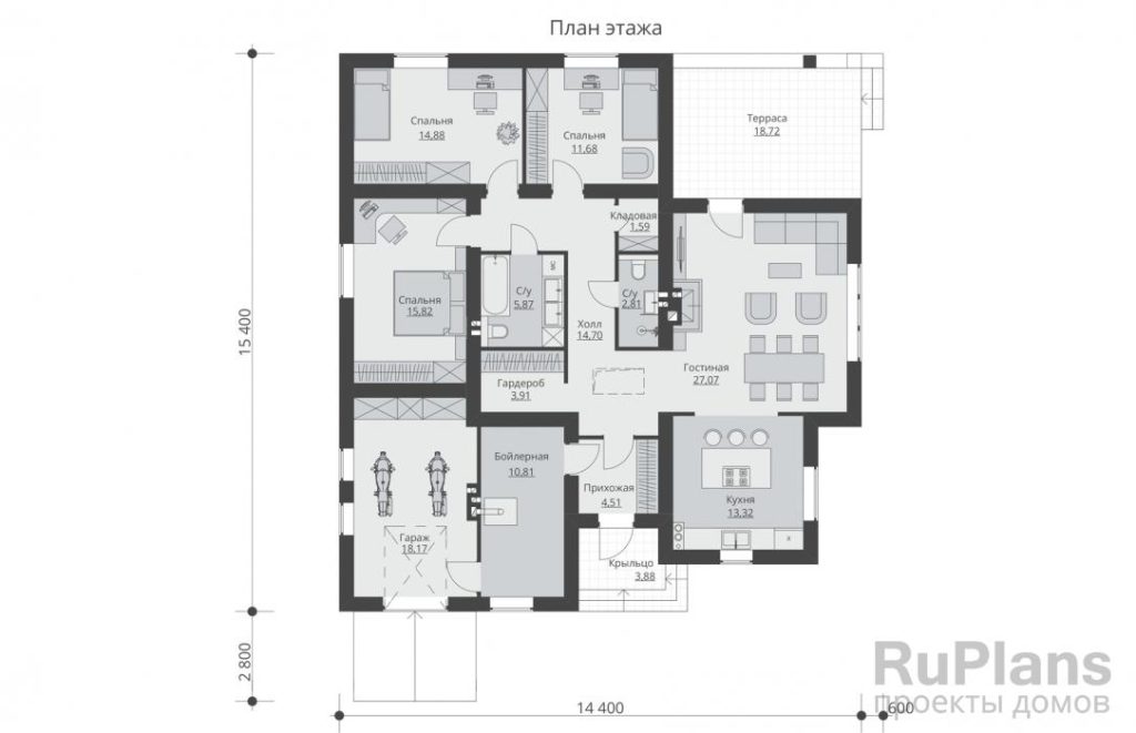 Планировка Проект одноэтажного дома с террасой Rg5787