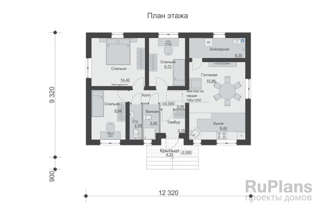 Планировка Одноэтажный дом с тремя спальнями Rg6410