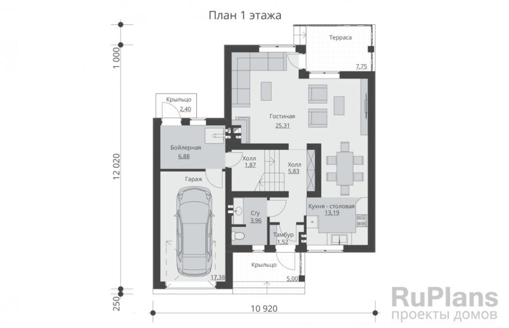 Планировка Одноэтажный дом с мансардой, террасой, балконом и гаражом Rg5375