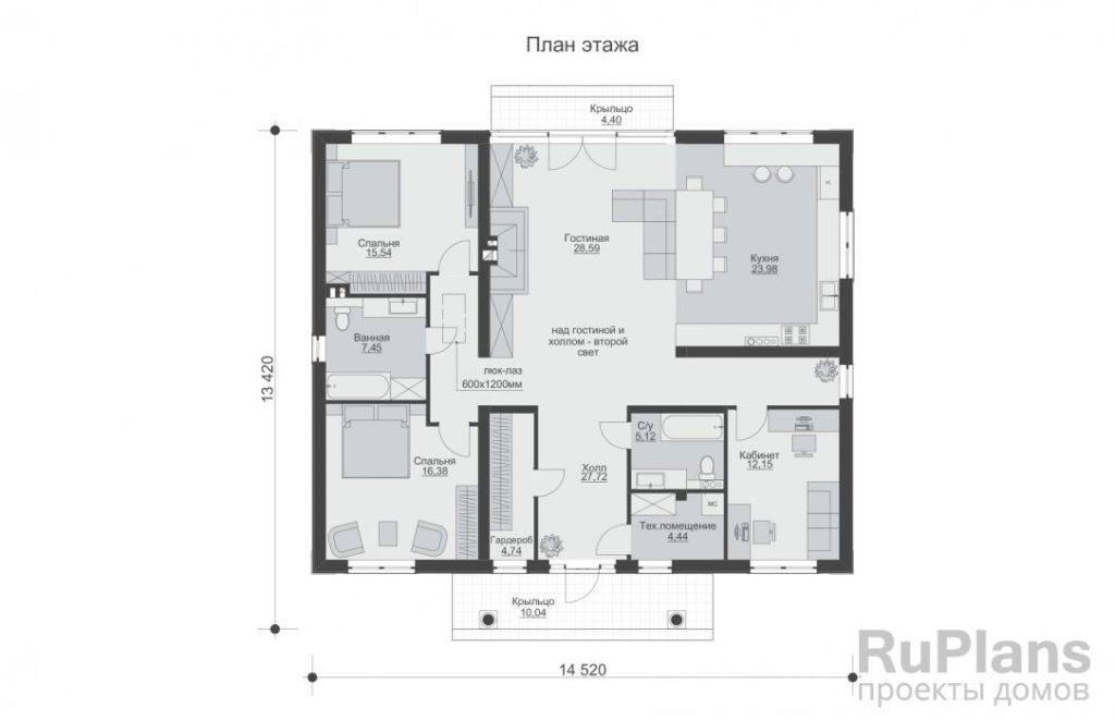 Планировка Одноэтажный дом с камином и верхним светом в гостиной и холле Rg6075