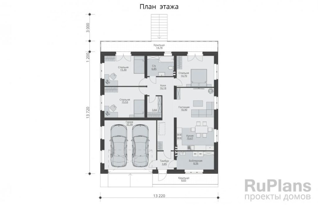 Планировка Одноэтажный дом с террасой и гаражом Rg5878