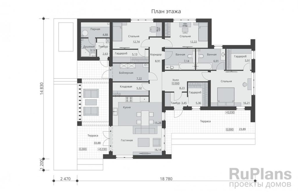 Планировка Одноэтажный дом с террасами, тремя спальнями и парной Rg6222