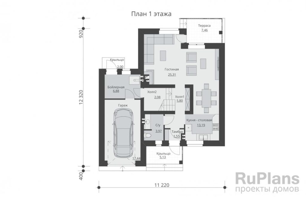 Планировка Одноэтажный дом с мансардой, террасой, балконом и гаражом Rg5283