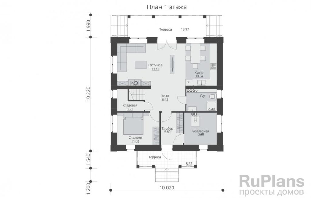 Планировка Проект двухэтажного дома с террасами Rg5718