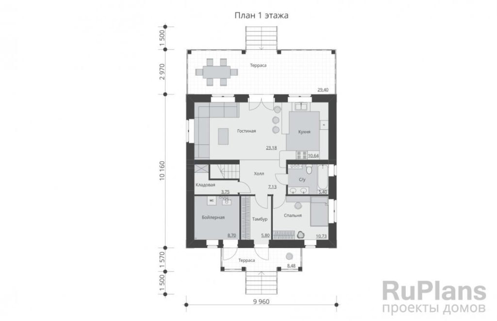 Планировка Проект двухэтажного дома с террасами Rg5316