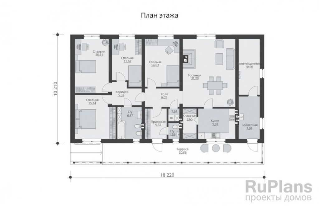 Планировка Одноэтажный дом с террасой Rg5857