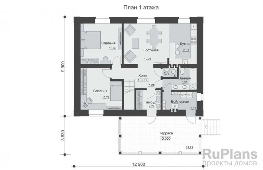 Планировка Одноэтажный дом с мансардой, террасой и комнатой отдыха Rg6519