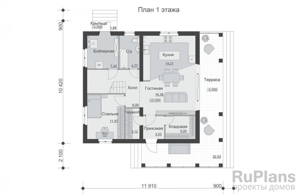 Планировка Одноэтажный дом с мансардой, террасой и балконом Rg6456