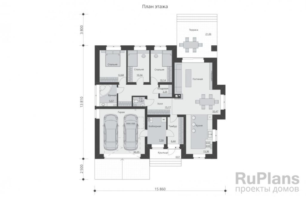 Планировка Проект одноэтажного дома с террасой и гаражом Rg5602