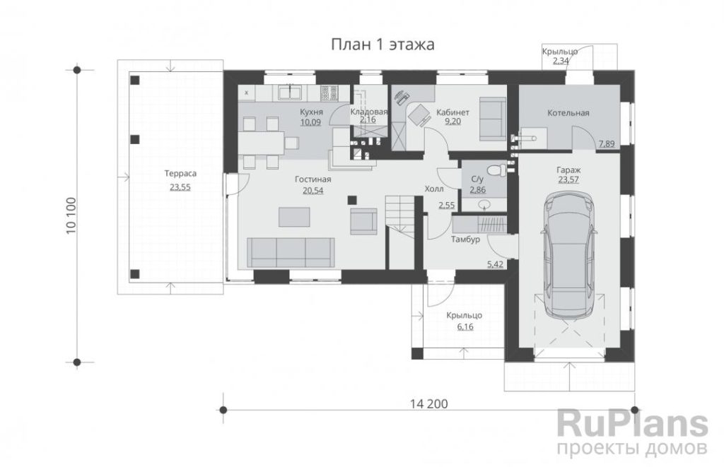 Планировка Проект двухэтажного жилого дома с гаражом и террасами Rg5136