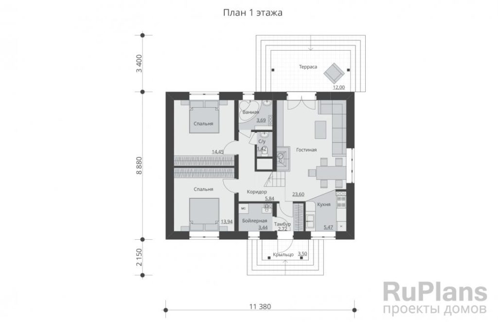 Планировка Проект одноэтажного дома с чердаком и террасой Rg5499