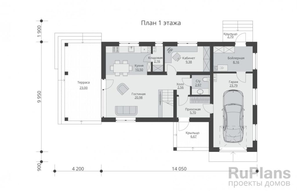 Планировка Двухэтажный жилой дом с террасами и гаражом Rg5750