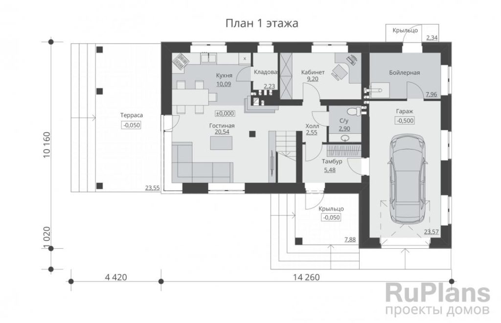 Планировка Проект двухэтажного жилого дома с гаражом и террасами Rg5216