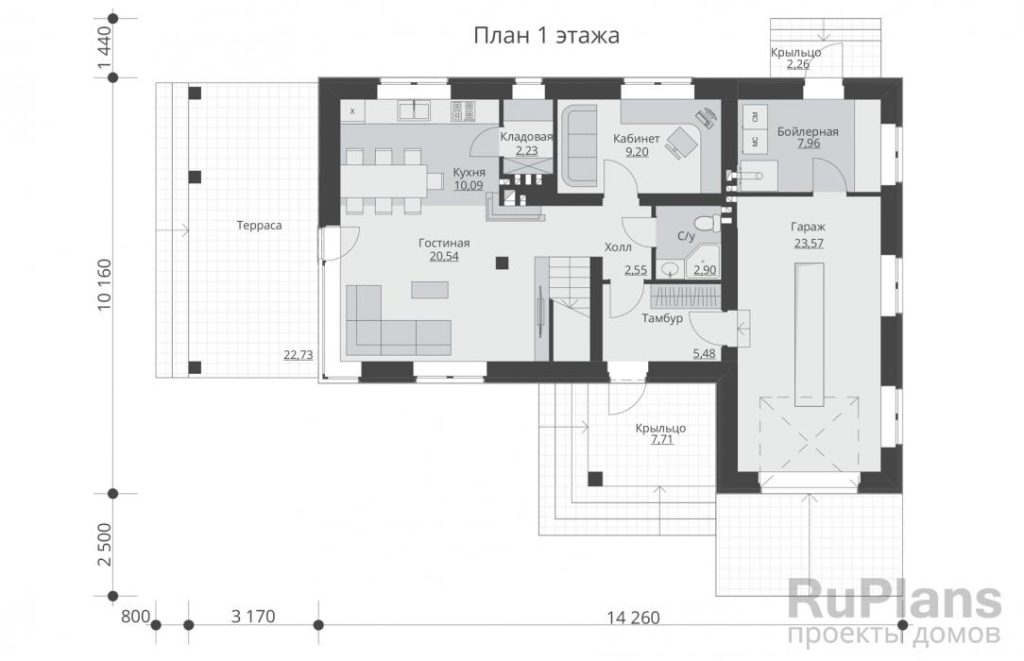 Планировка Проект двухэтажного жилого дома с гаражом и террасами Rg5669