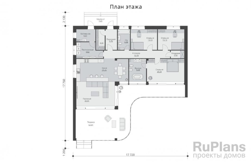 Планировка Одноэтажный дом с террасой и тремя спальнями Rg5942