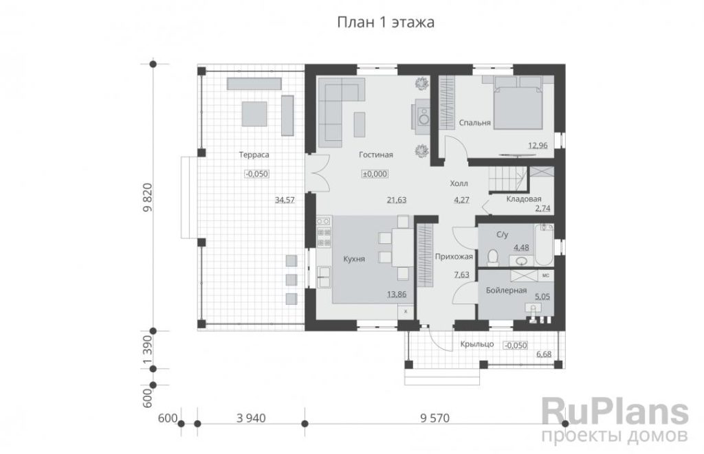 Планировка Одноэтажный дом с мансардой, террасой и четырьмя спальнями Rg5964