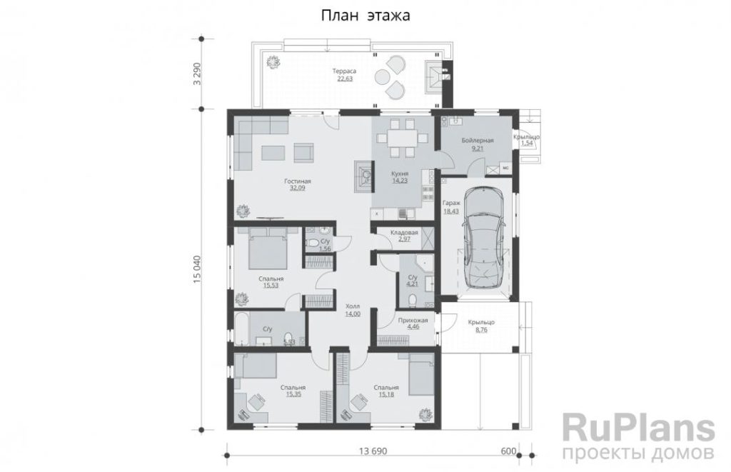 Планировка Одноэтажный дом с террасой и гаражом Rg5879