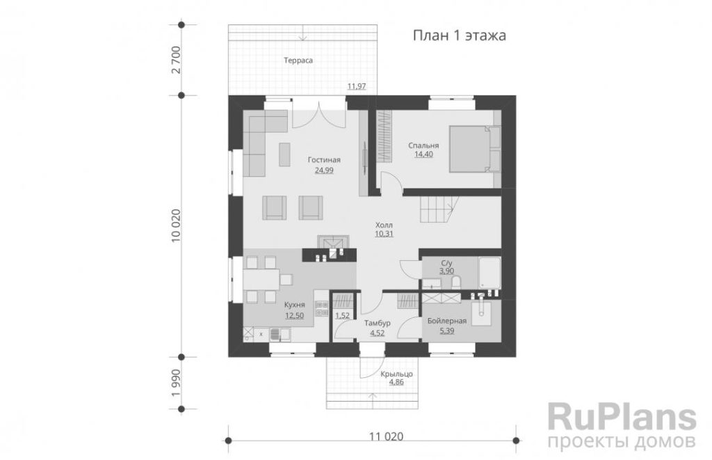 Планировка Одноэтажный дом с мансардой и террасой Rg5729