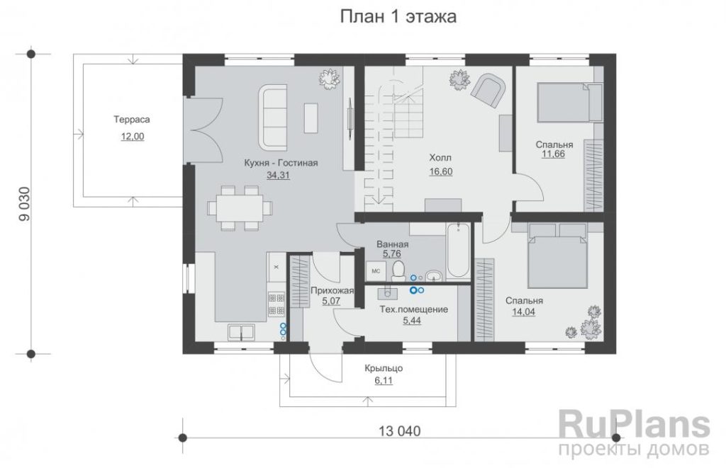 Планировка Одноэтажный дом с мансардой и террасой Rg6013
