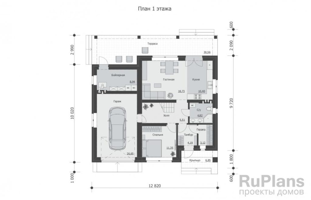 Планировка Одноэтажный дом с мансардой, гаражом, террасой и балконами Rg5884