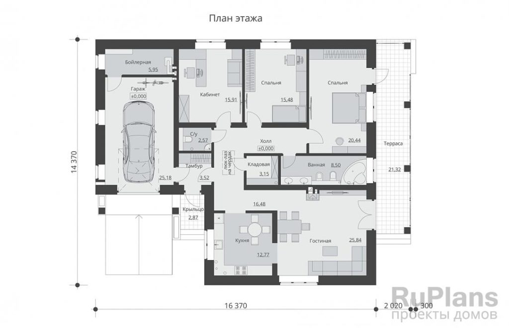 Планировка Одноэтажный дом с двумя спальнями, кабинетом и гаражом Rg6195