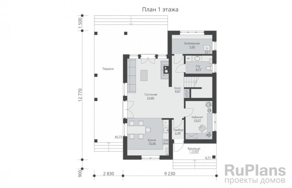 Планировка Одноэтажный дом с мансардой и террасой Rg5539