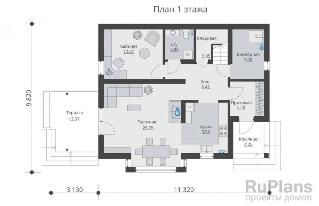 Планировка Одноэтажный жилой дом с мансардой, террасой и балконом Rg5577