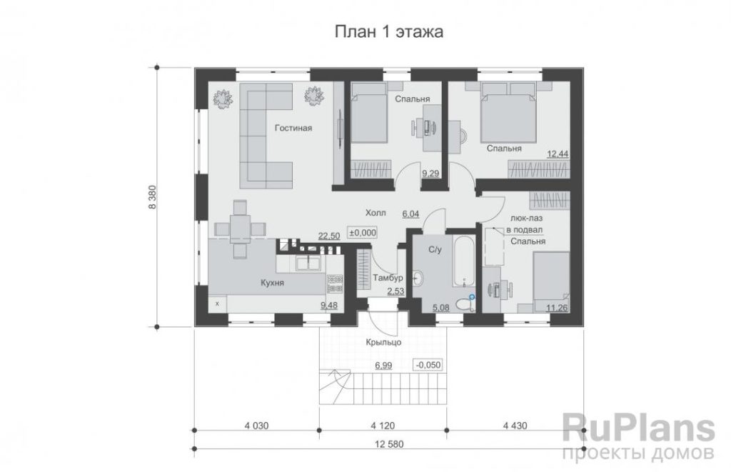 Планировка Одноэтажный дом с цокольным этажом и тремя спальнями Rg6371