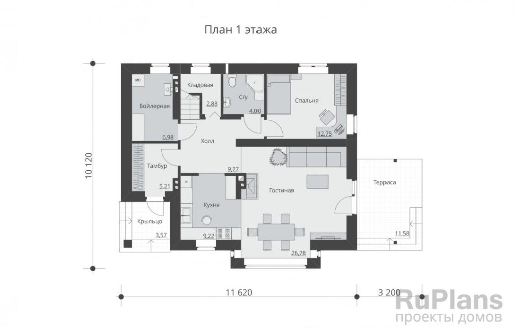 Планировка Проект одноэтажного дома с мансардой и террасой Rg5291