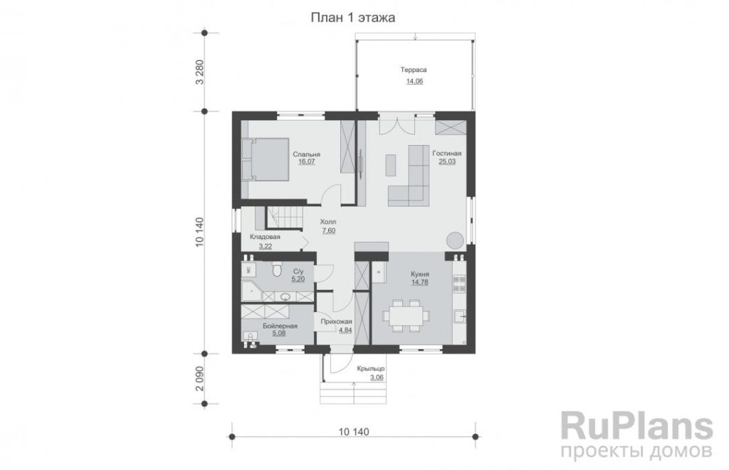 Планировка Одноэтажный дом с мансардой, террасой и тремя спальнями Rg6203