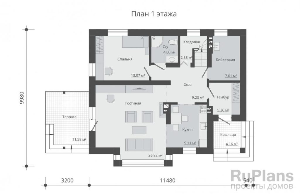 Планировка Одноэтажный дом с мансардой, террасой и балконом Rg5369