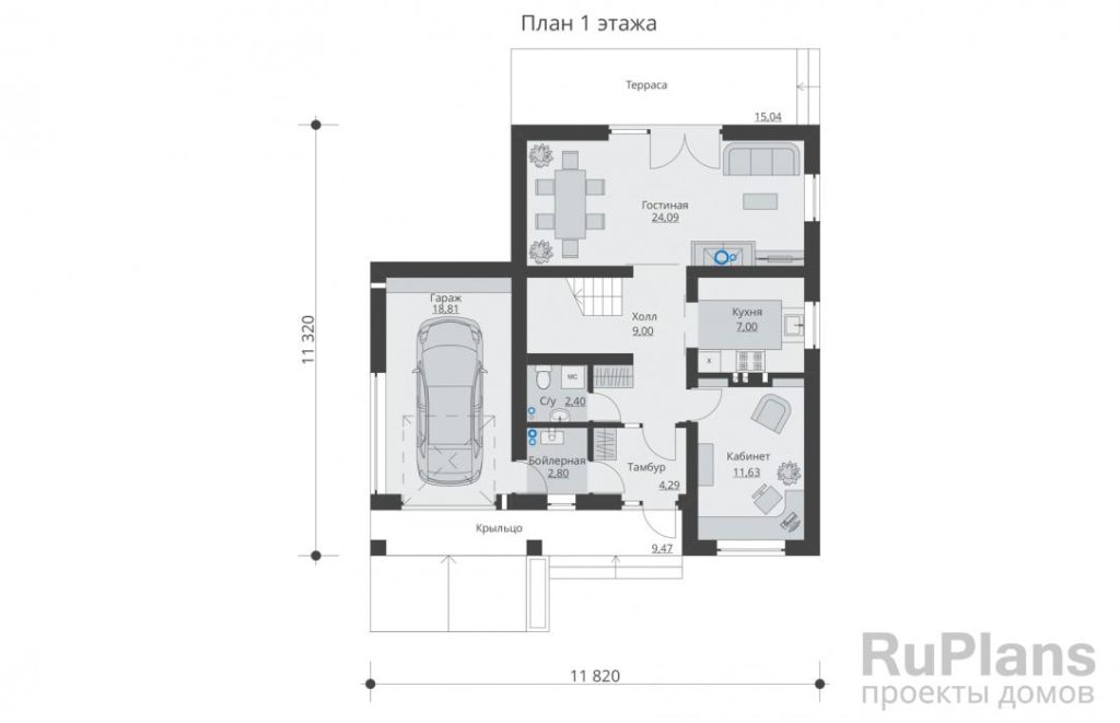 Планировка Одноэтажный жилой дом с мансардой, террасой, гаражом и балконом Rg5598