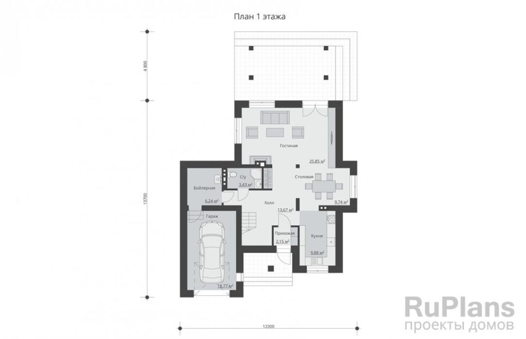 Планировка Двухэтажный дом с гаражом, террасой и балконами Rg3223
