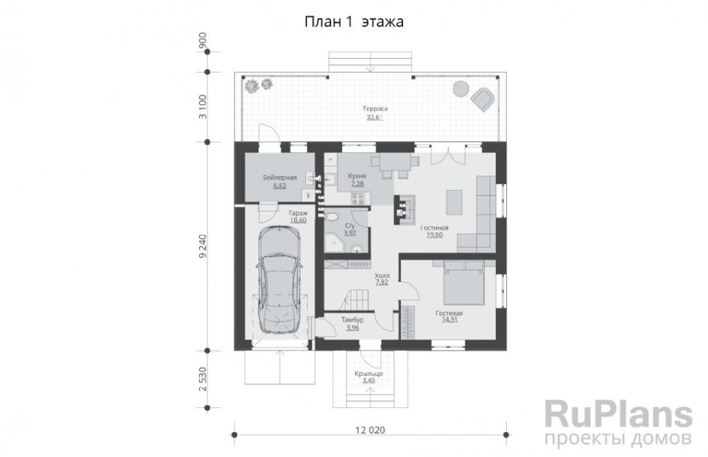 Планировка Одноэтажный дом с мансардой и тремя спальнями Rg3860