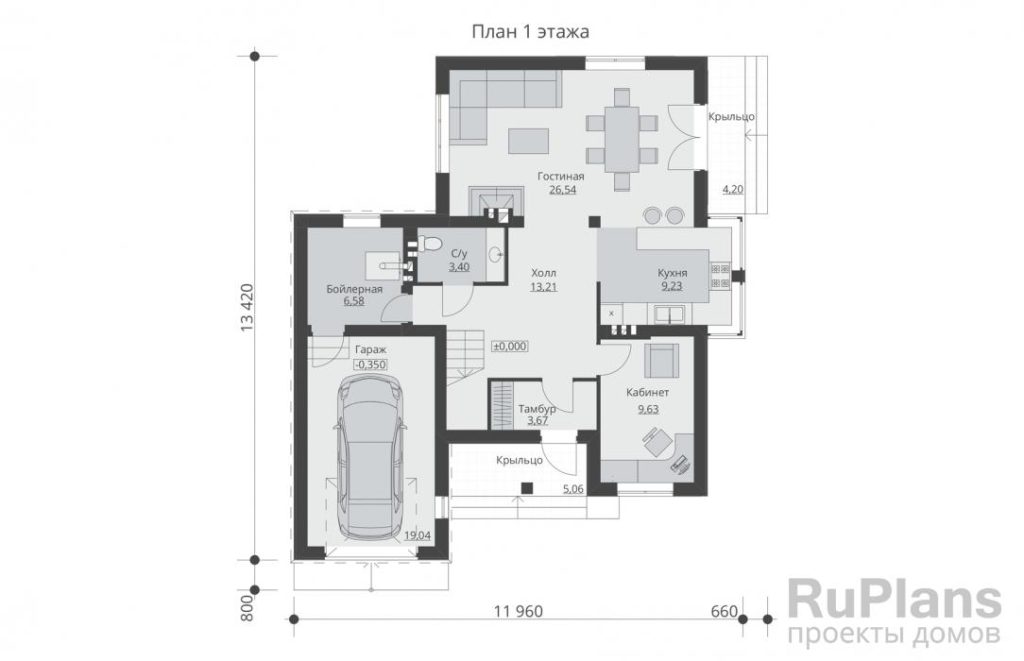 Планировка Проект двухэтажного жилого дома с гаражом и террасой Rg5198