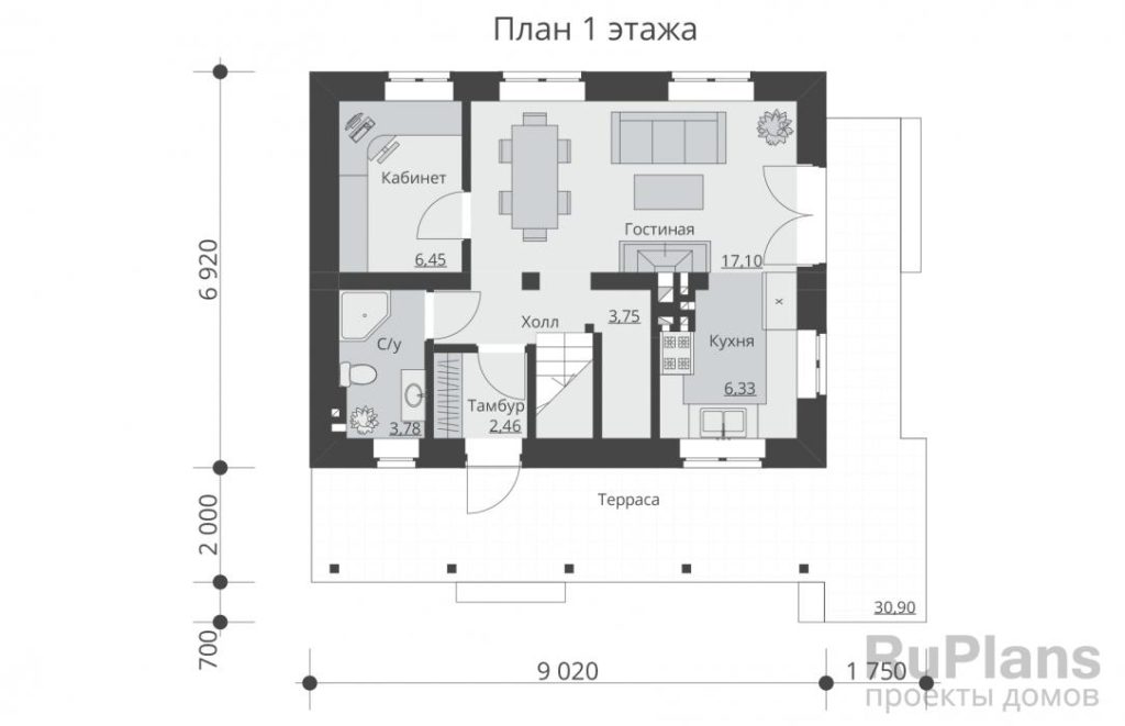 Планировка Проект индивидуального одноэтажного жилого дома с мансардой. Rg5366