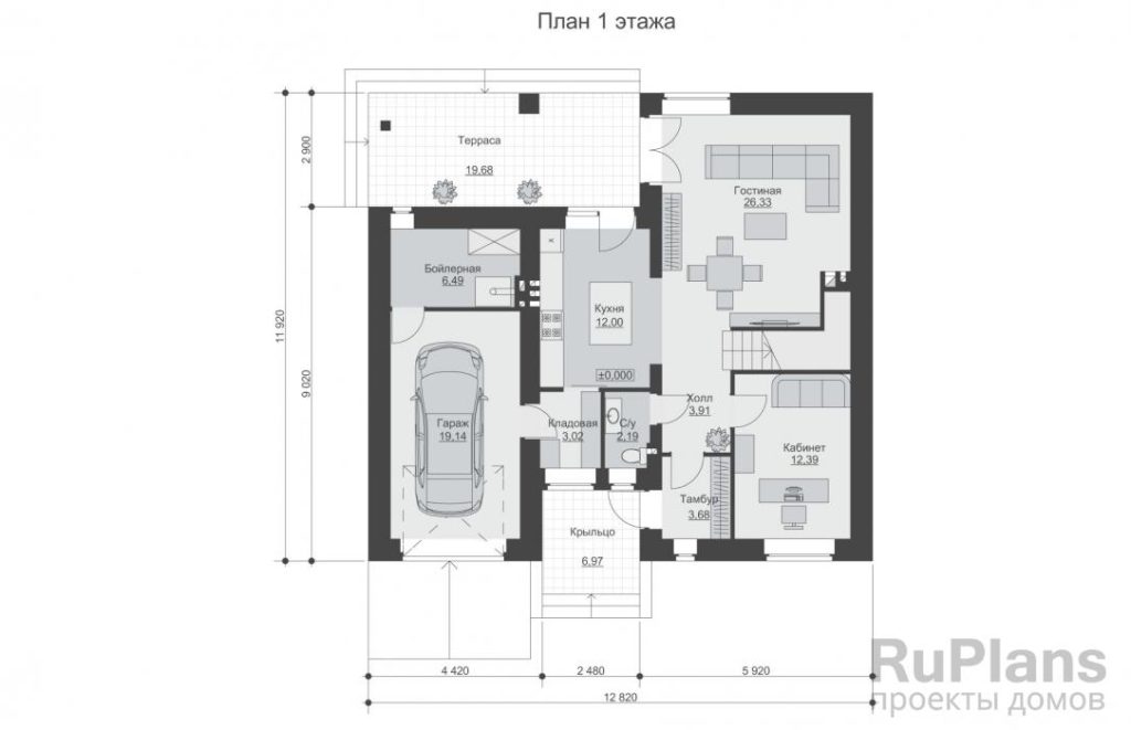 Планировка Двухэтажный дом с террасой, гаражом и облицовкой кирпичом Rg6245