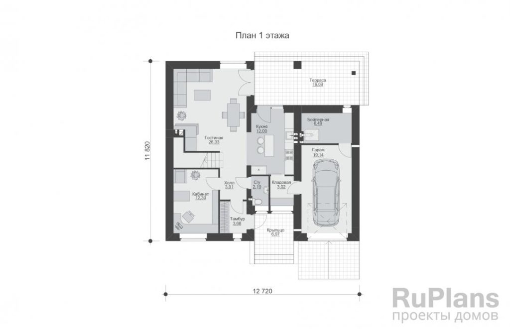 Планировка Двухэтажный дома с гаражом, террасой и балконом Rg4893