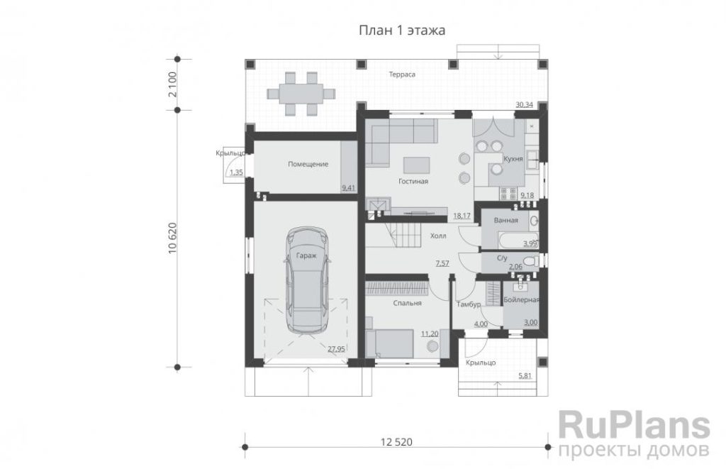 Планировка Проект одноэтажного жилого дома с  террасой и мансардой Rg5383