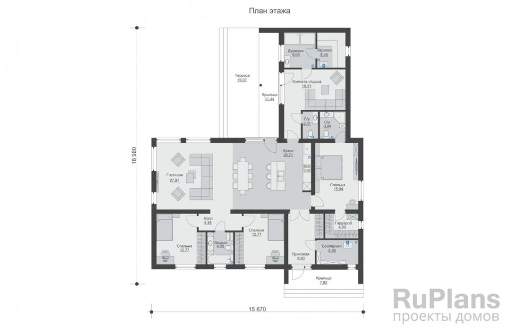 Планировка Одноэтажный дом c кухней-гостиной, парилкой и тремя спальнями Rg6596